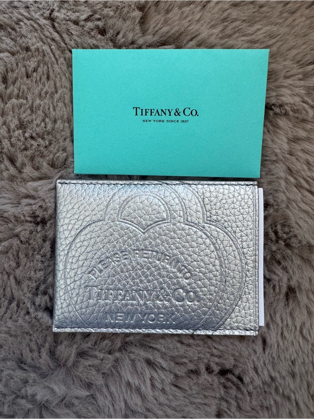 New Authentic Tiffany & Co. Silver Metallic Leather Card Holder Wallet Rare